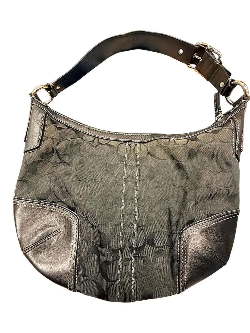 Coach Hamptons Signature Hobo Bag Black Jacquard Canvas Leather Shoulder Purse